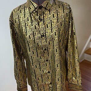 NEW-CHUXX-Italy Design-Men-Black/Gold Geometric-long Sleeve-Buttoning shirt-Larg